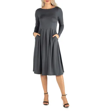 24seven Comfort Apparel Women's Full Skirt Midi Dress, Gray