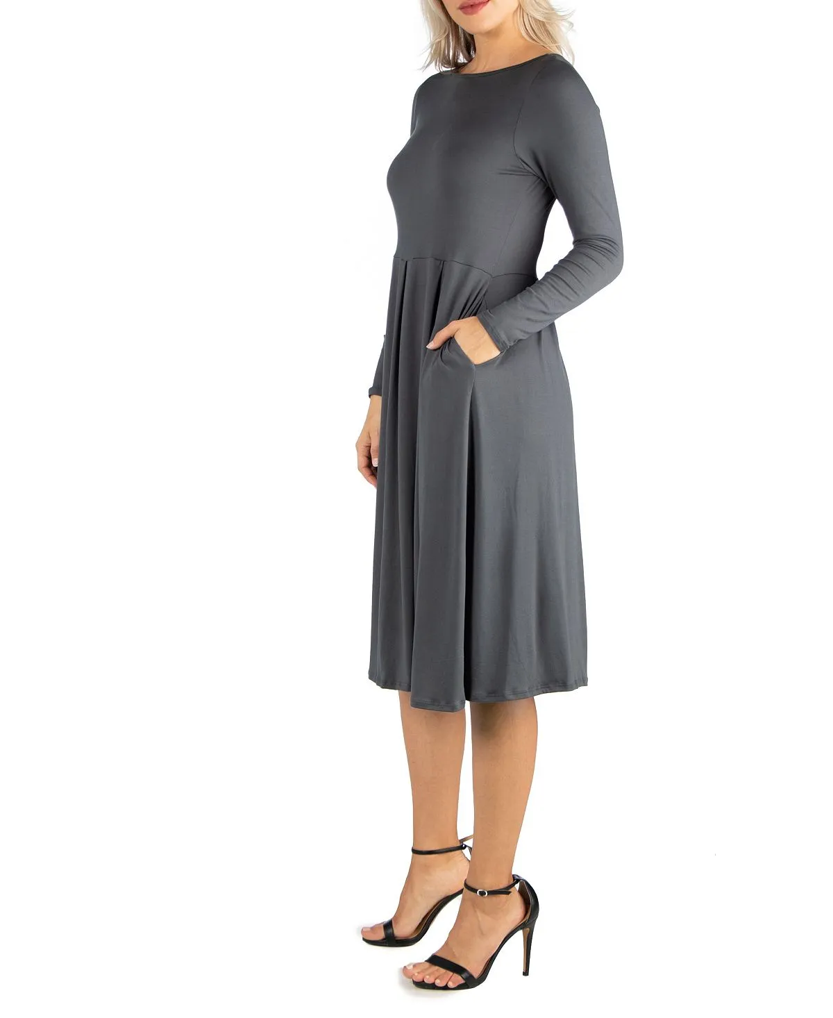 24seven Comfort Apparel Women's Full Skirt Midi Dress, Gray