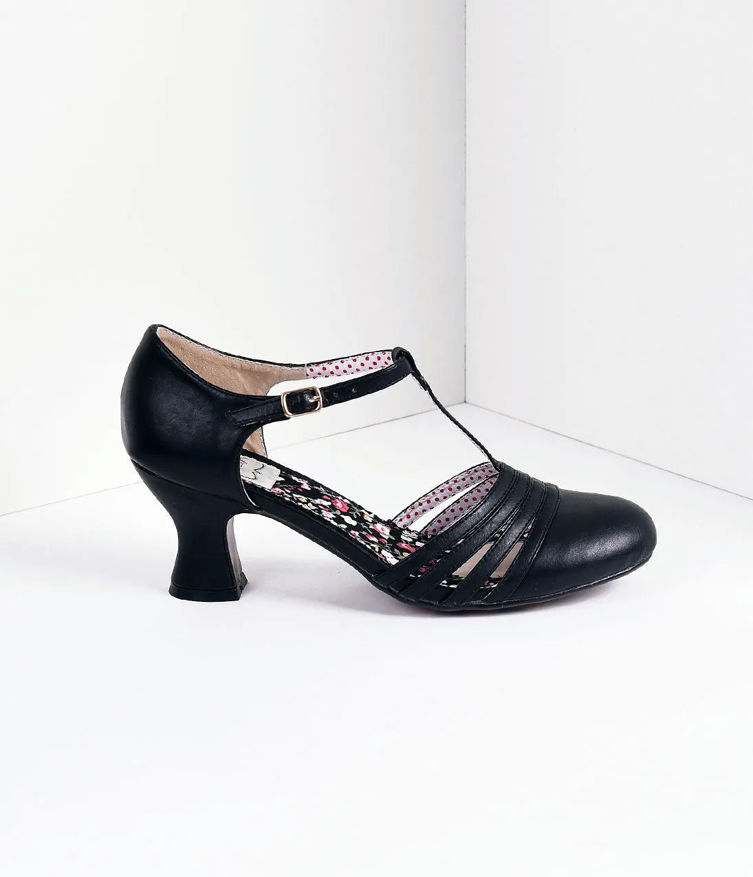 Bettie Page Black Leatherette Lucy T-Strap Heels