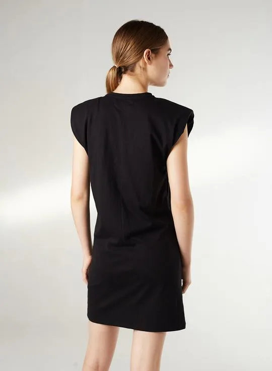 Black Sleeveless Padded Shoulder Dress