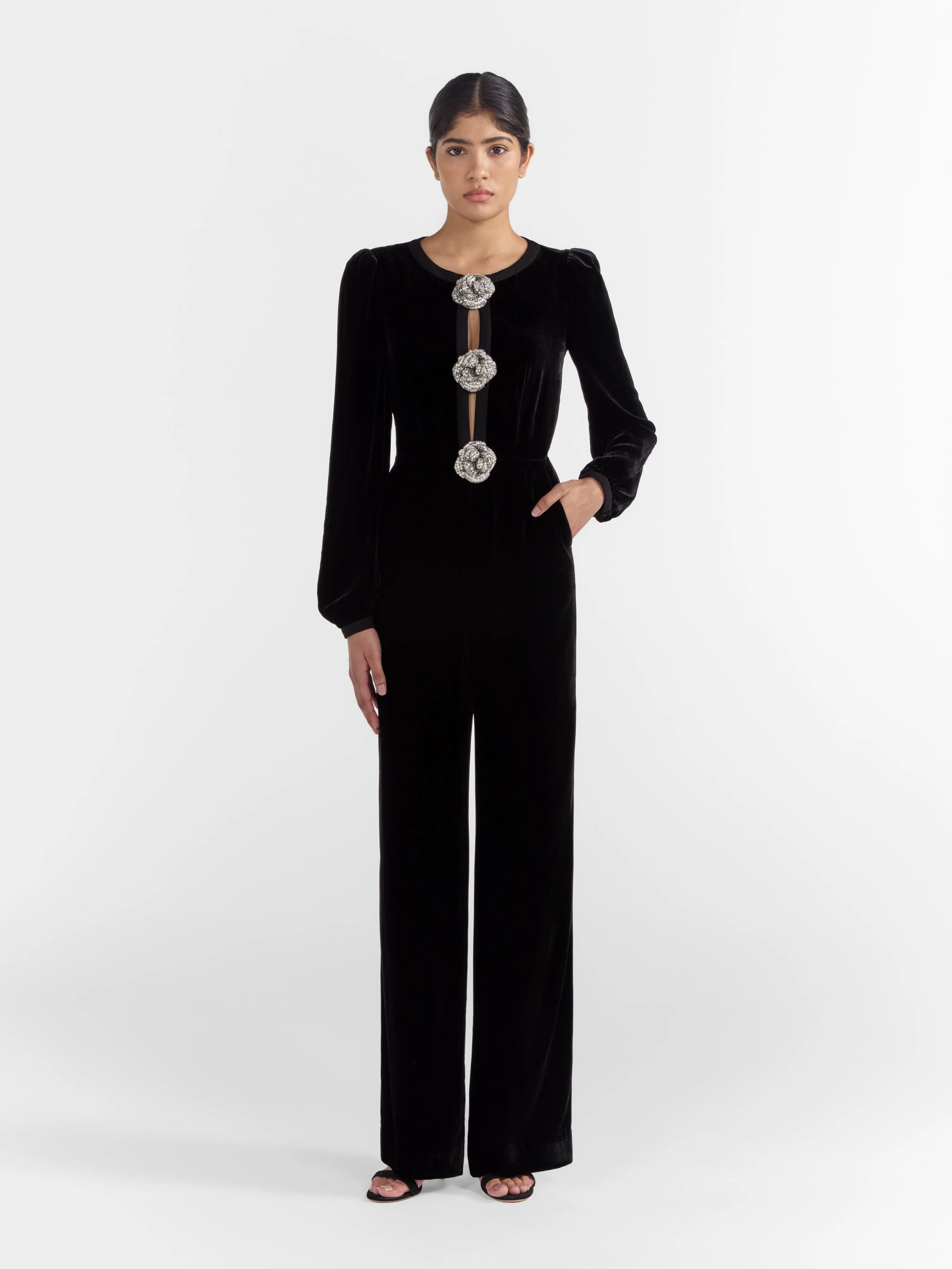 Camille Bows Jumpsuit in Black Crystal Rose