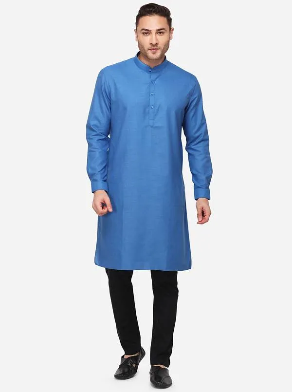 Cobalt Blue Self Textured Regular Fit Modi Kurta | JadeBlue