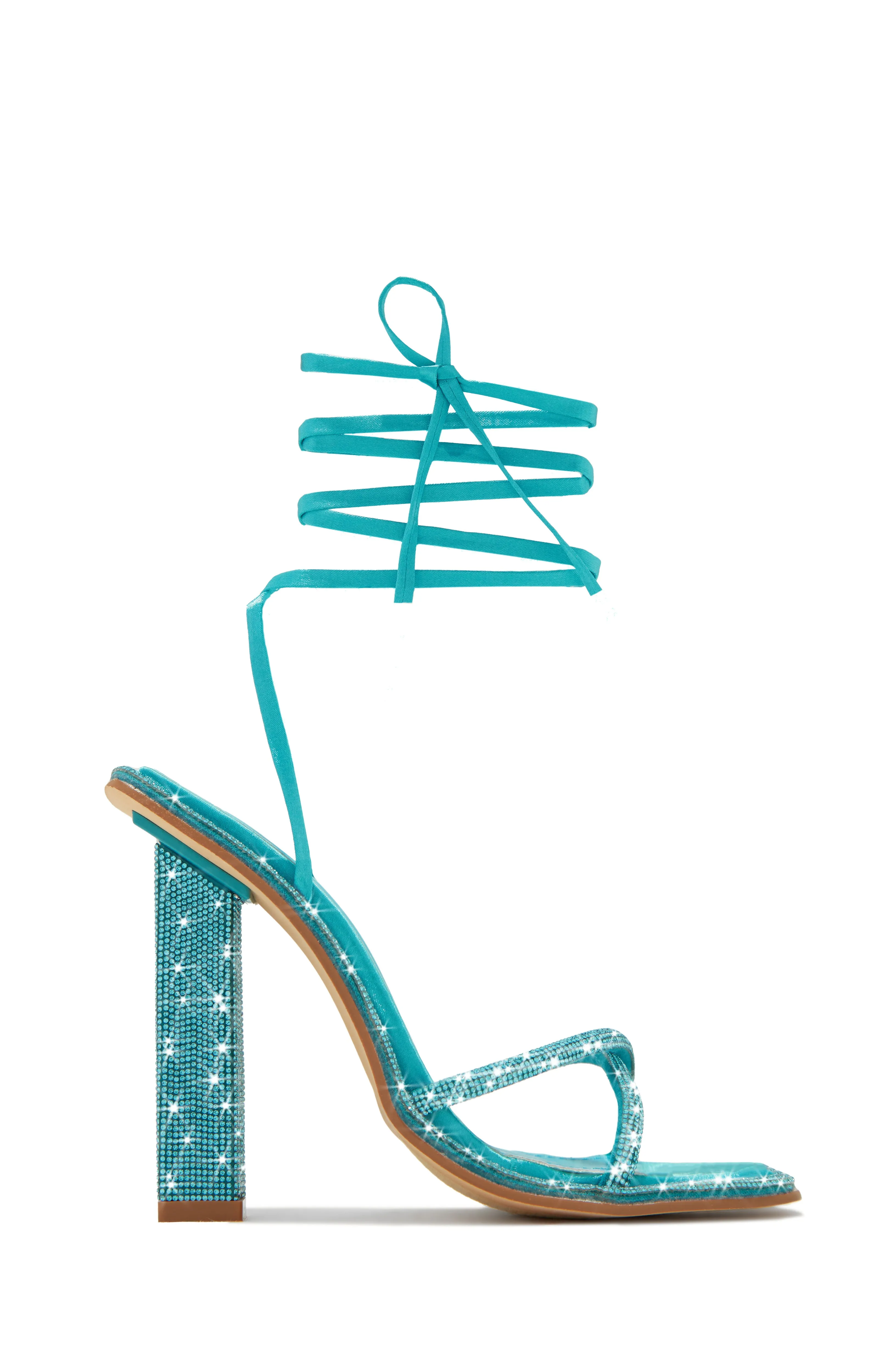 Crystal Embellished Lace Up High Heels - Aqua