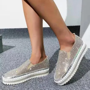 deanwangkt - Silver Casual Patchwork Rhinestone Round Comfortable Out Door Flats Shoes