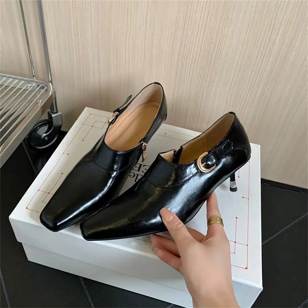 Elegant Cow Leather Square Toe Thin Heel Pumps