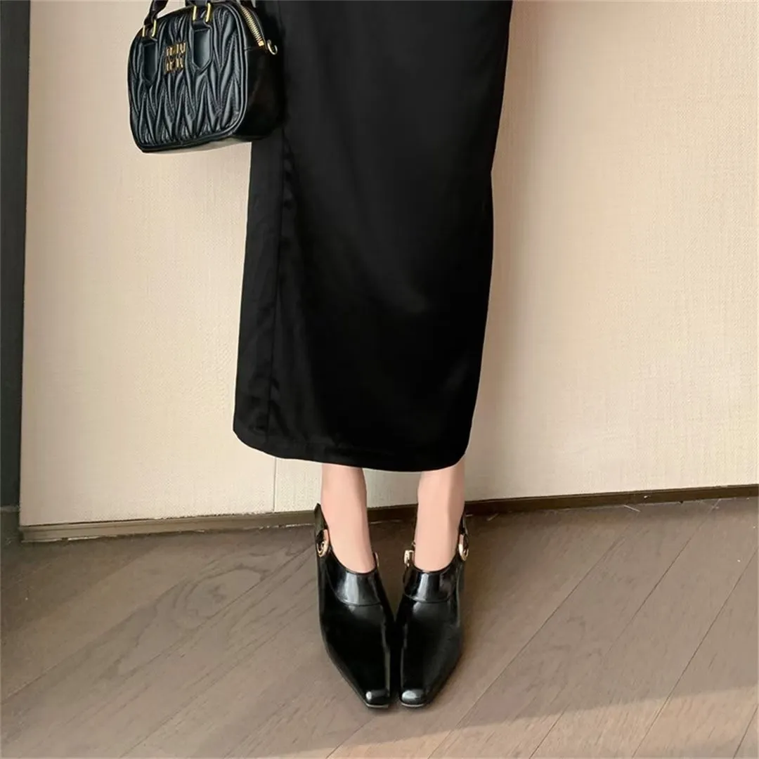 Elegant Cow Leather Square Toe Thin Heel Pumps