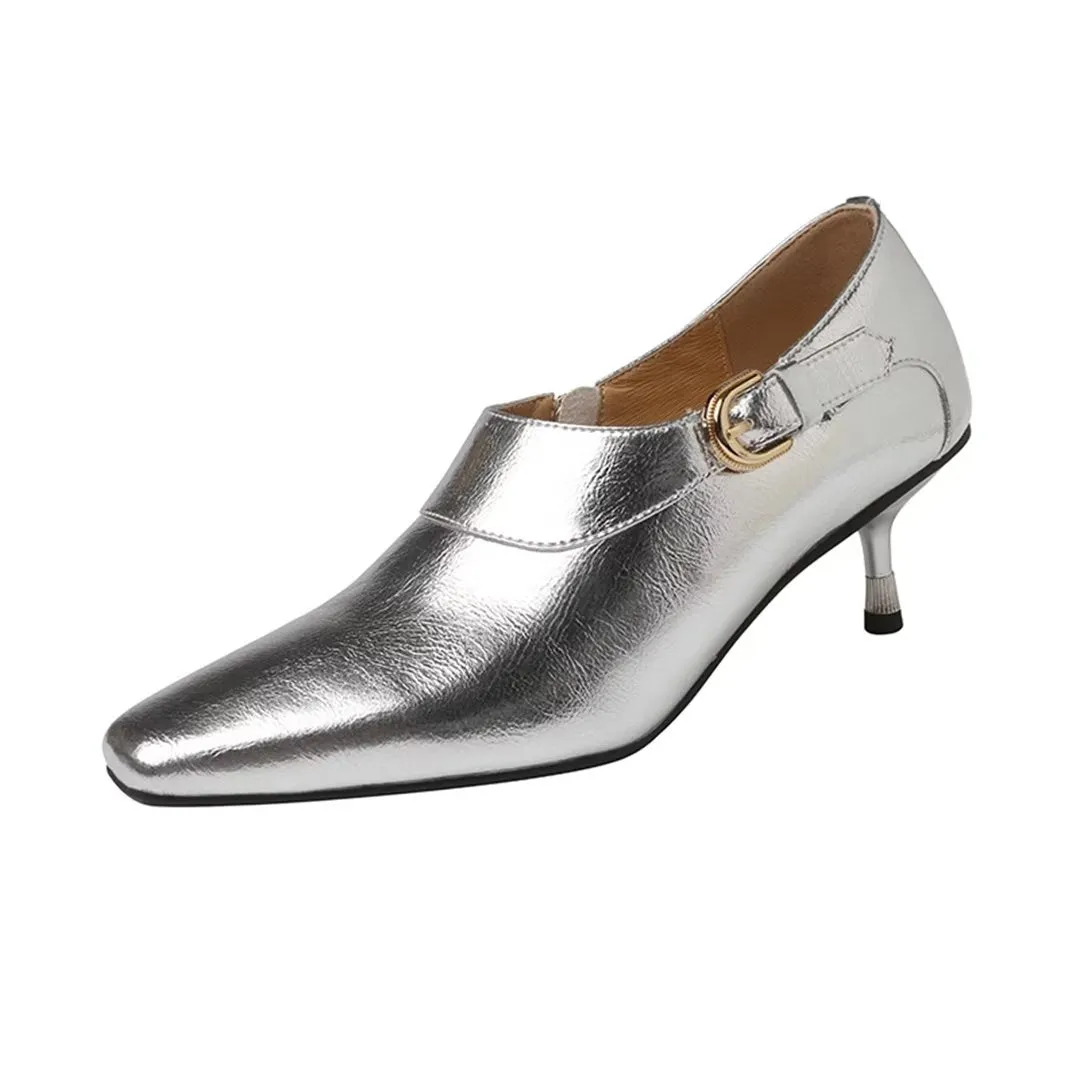 Elegant Cow Leather Square Toe Thin Heel Pumps