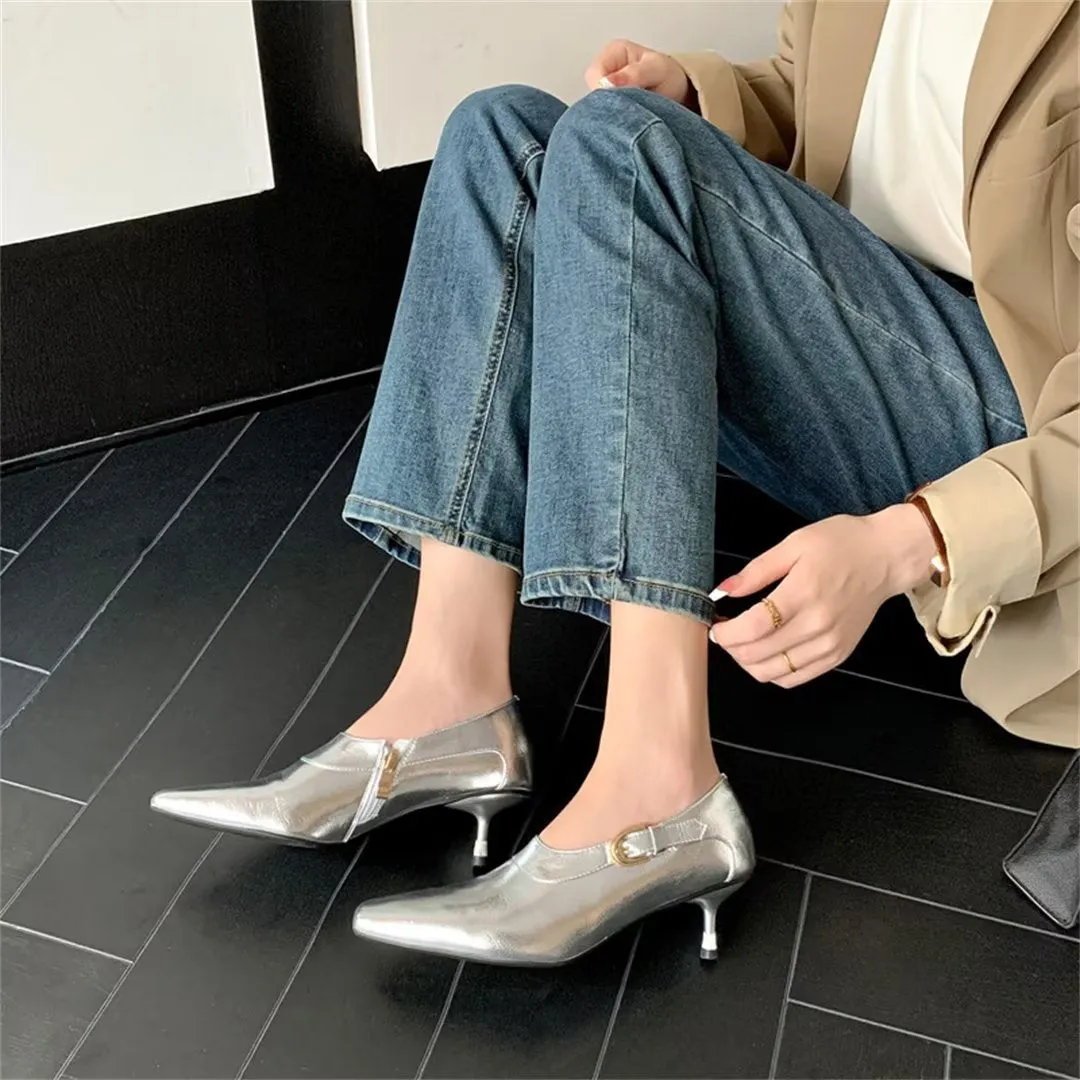 Elegant Cow Leather Square Toe Thin Heel Pumps