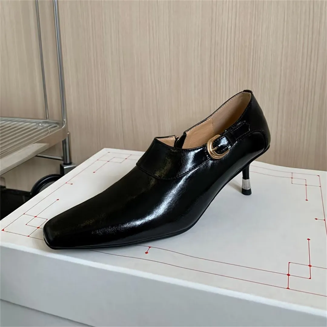 Elegant Cow Leather Square Toe Thin Heel Pumps