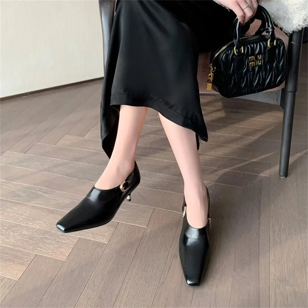 Elegant Cow Leather Square Toe Thin Heel Pumps