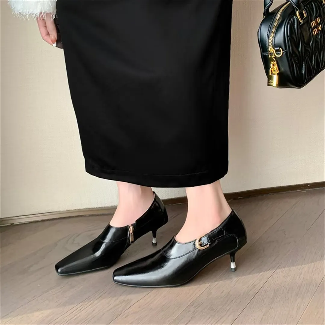 Elegant Cow Leather Square Toe Thin Heel Pumps