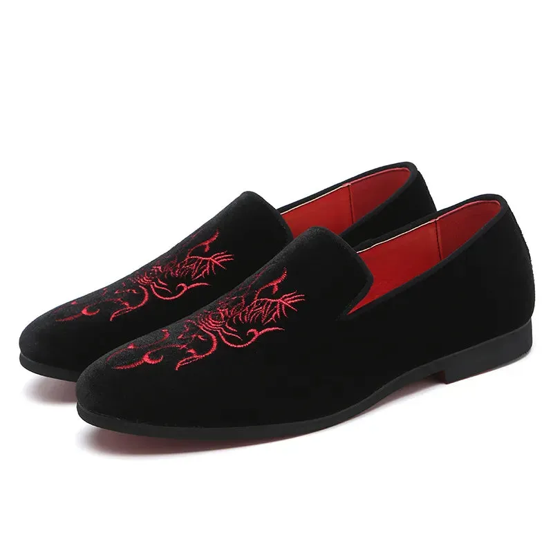 Elegant Men's Black & Red Embroidered Drivers Moccasins Opera Pump