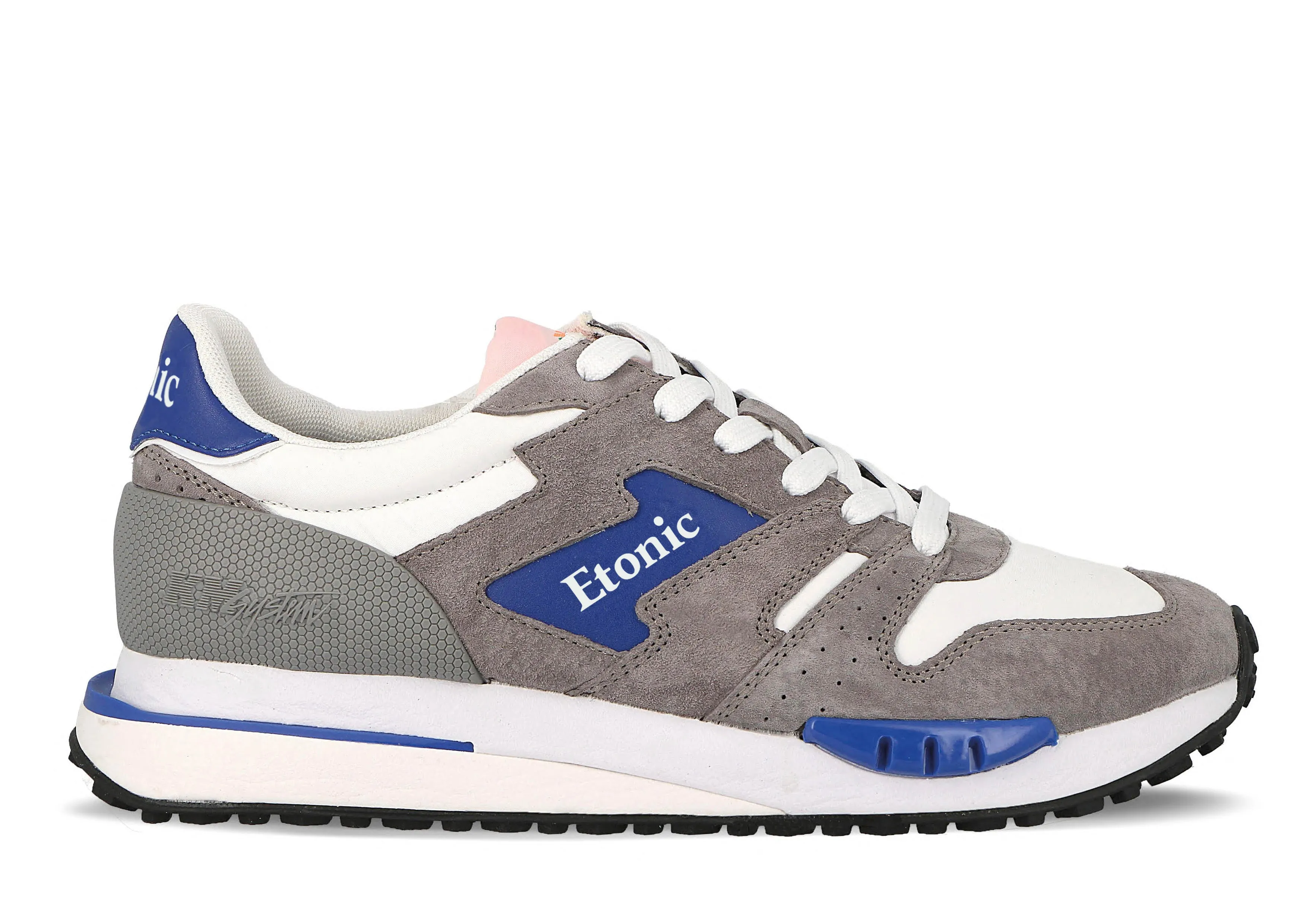 Etonic Quazar runners in white nylon fabric and grey suede with bright blue leather inserts