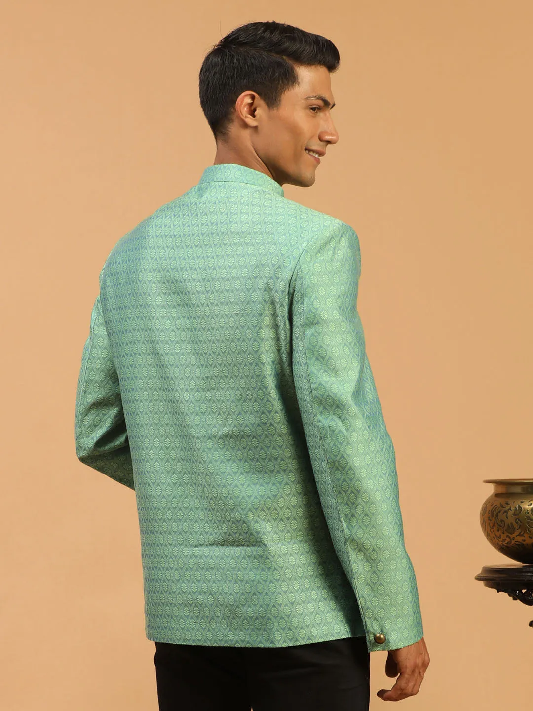 Jashvi Men's Green Silk Blend Woven Jodhpuri