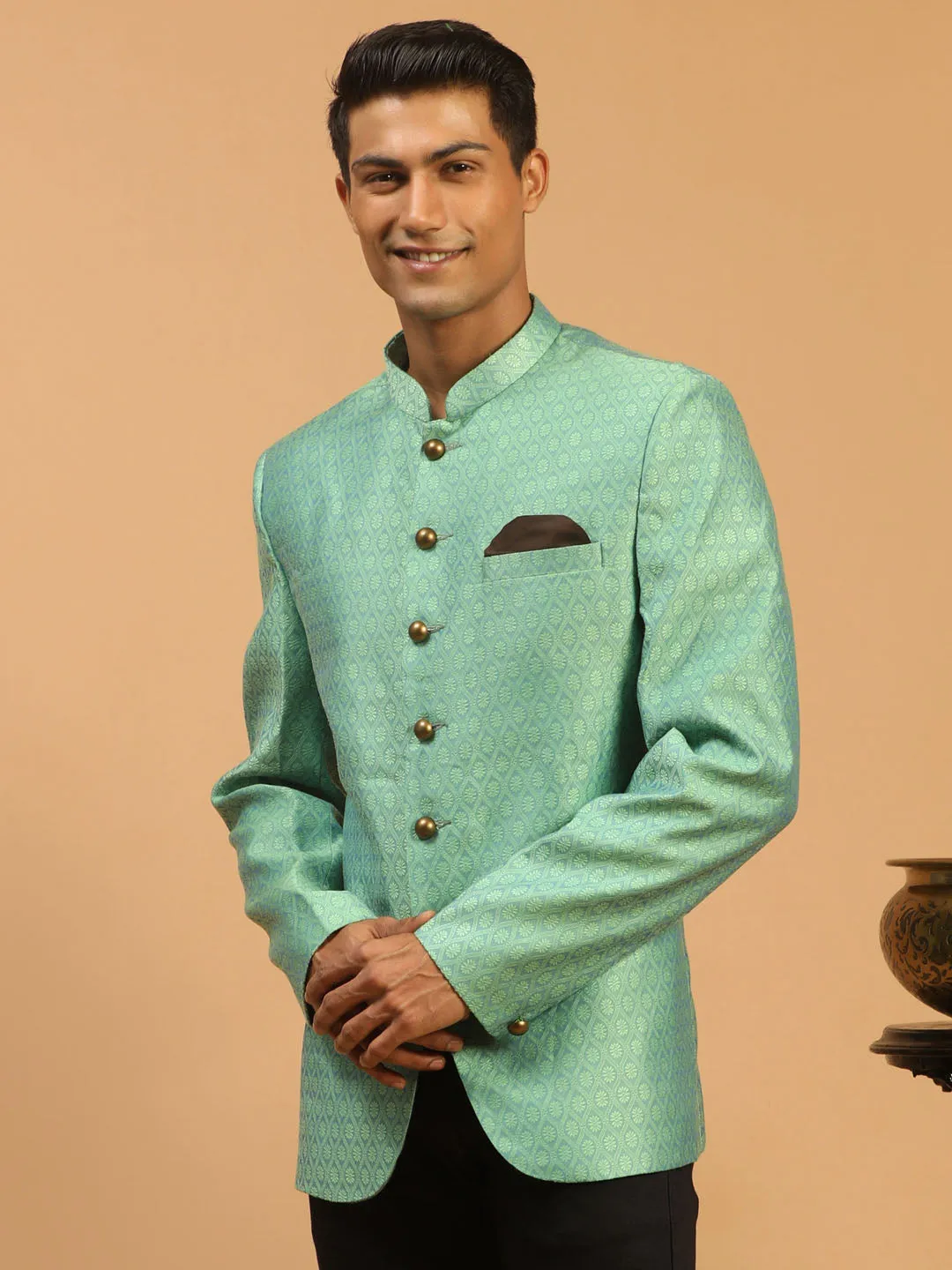 Jashvi Men's Green Silk Blend Woven Jodhpuri