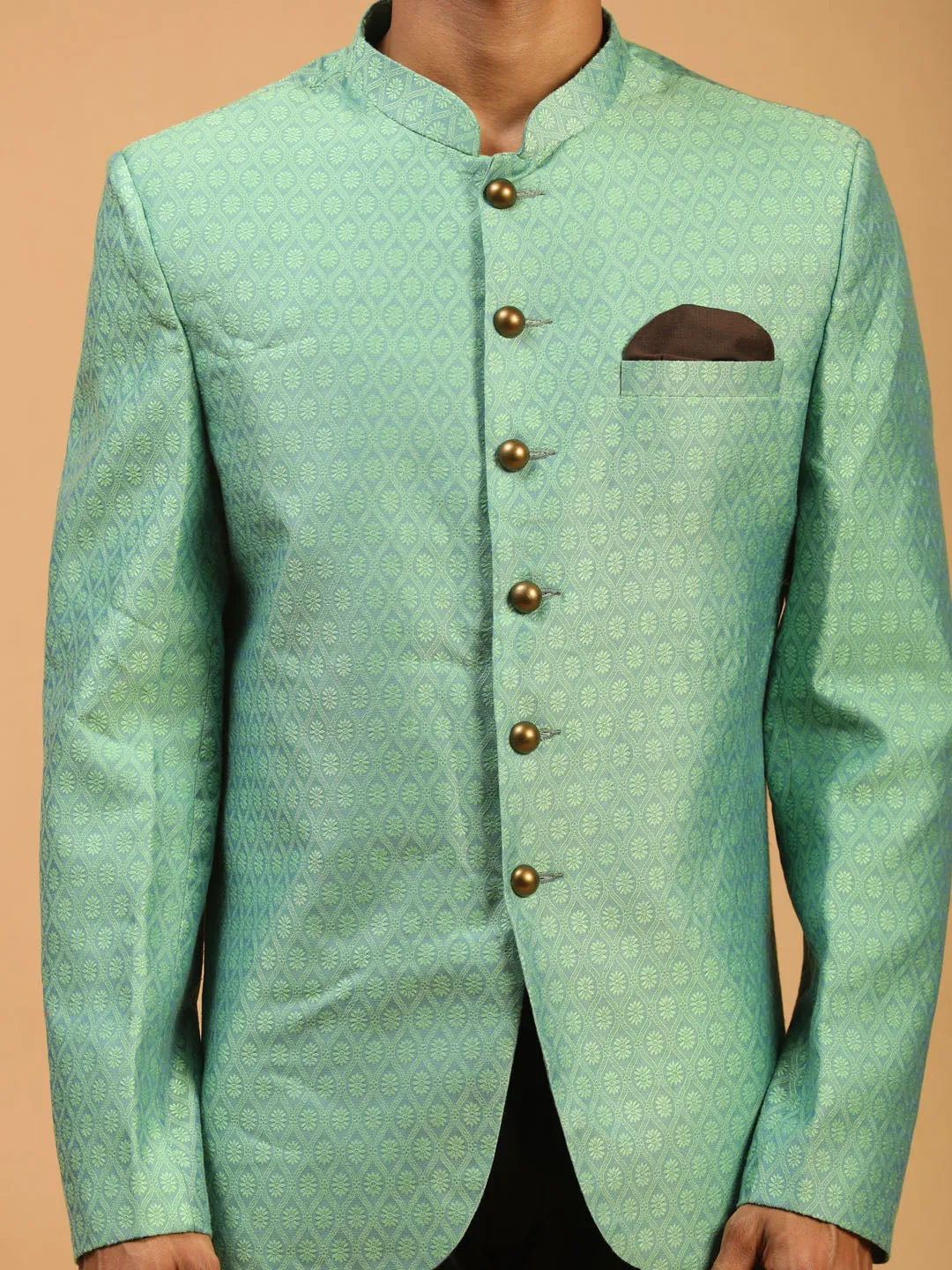 Jashvi Men's Green Silk Blend Woven Jodhpuri