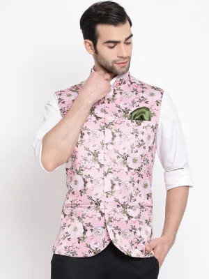 Jashvi Men's Pink Digital Floral Printed Royal Nehru Jacket