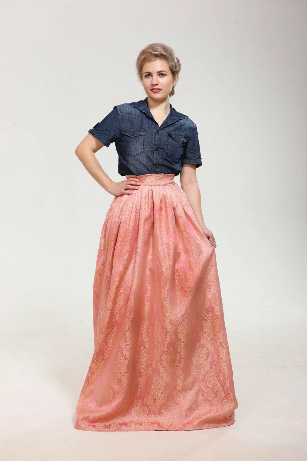 Just Breathtaking! Exclusive full shaped maxi skirt from thin exclusive floral pink brocade with gold. Skirt with trail.