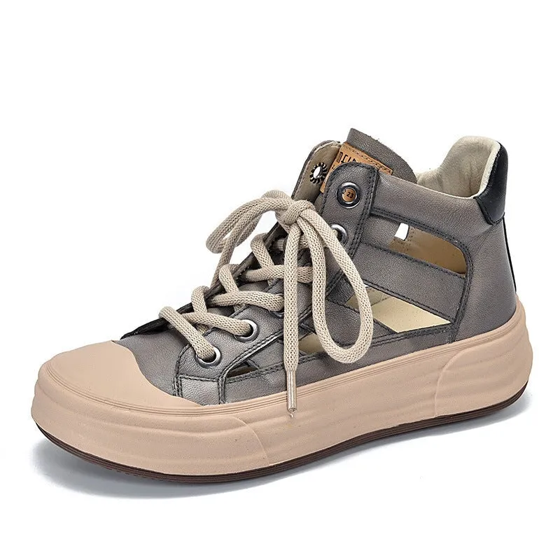 Leather Rubber Toecap Sneakers for Women High-top Lace Up in Yellow/Grey/Green/Beige