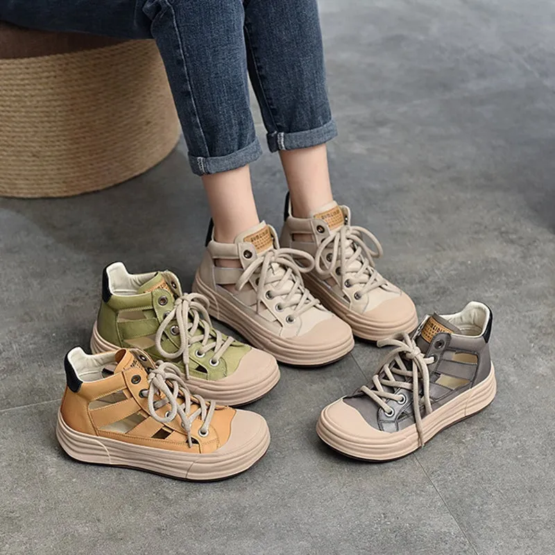 Leather Rubber Toecap Sneakers for Women High-top Lace Up in Yellow/Grey/Green/Beige