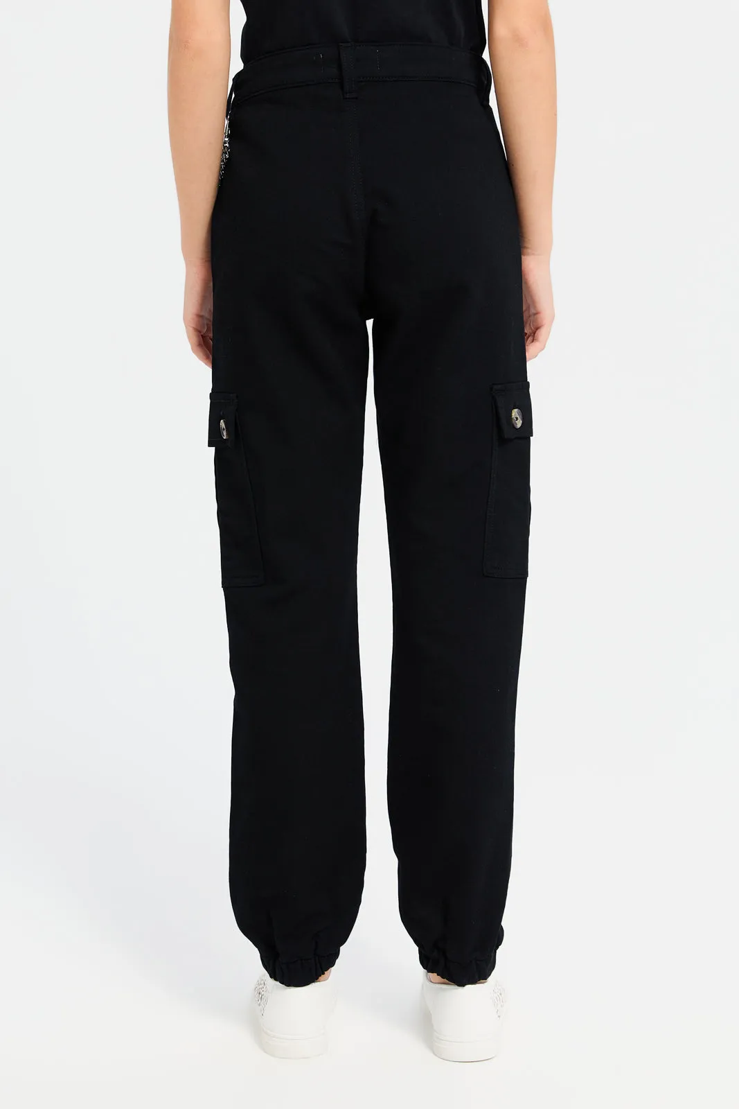 Senior Girls Black Cargo Pants With Chain