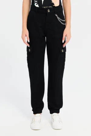 Senior Girls Black Cargo Pants With Chain