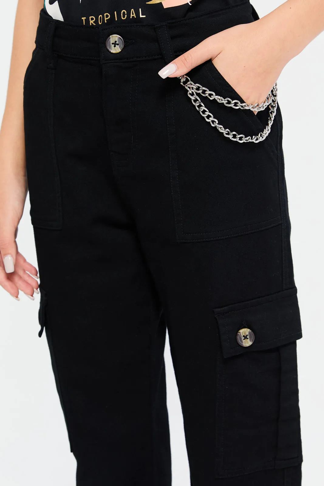 Senior Girls Black Cargo Pants With Chain