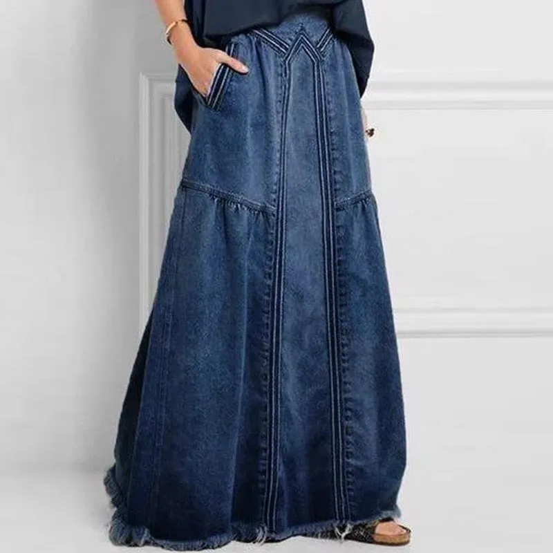 Suzie - Elegant Long Denim Skirt with Elasticated Waist