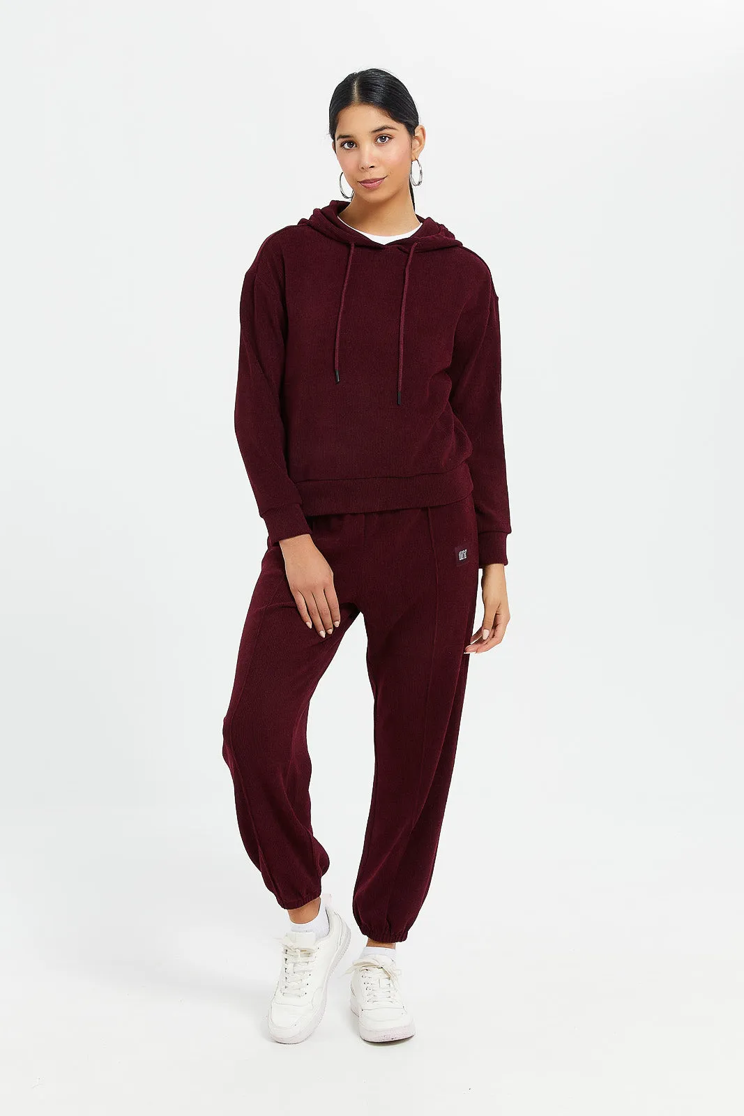 Women Burgundy Waffle Jogger