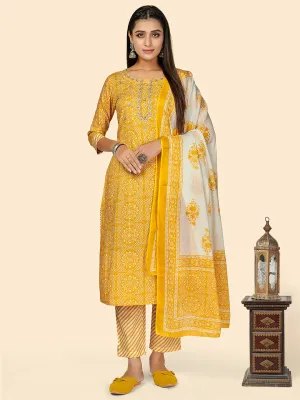 Women'S Bandhi Print & Embroidered Straight Cotton Yellow Stitched Kurta Pant With Dupatta