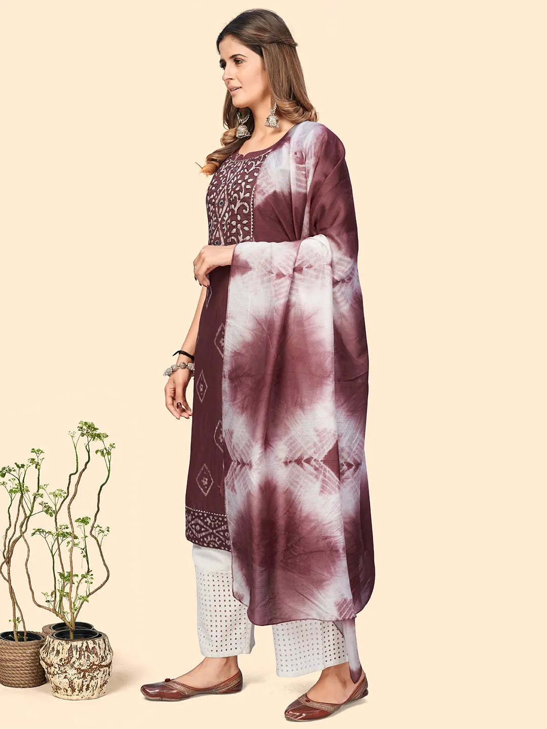 Women'S Batik Print & Mirror Straight Chanderi Pink Stitched Kurta With Dupatta