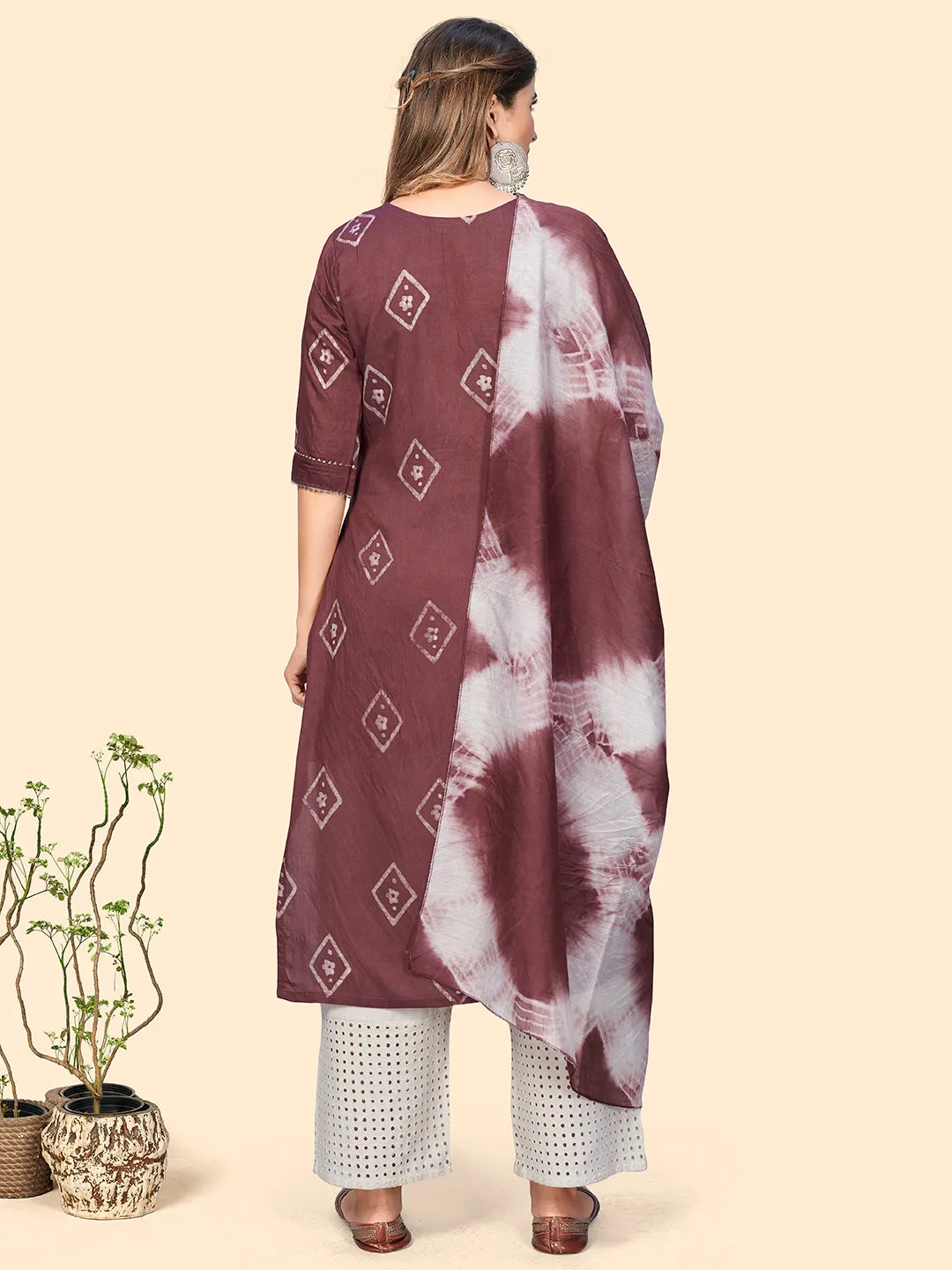 Women'S Batik Print & Mirror Straight Chanderi Pink Stitched Kurta With Dupatta