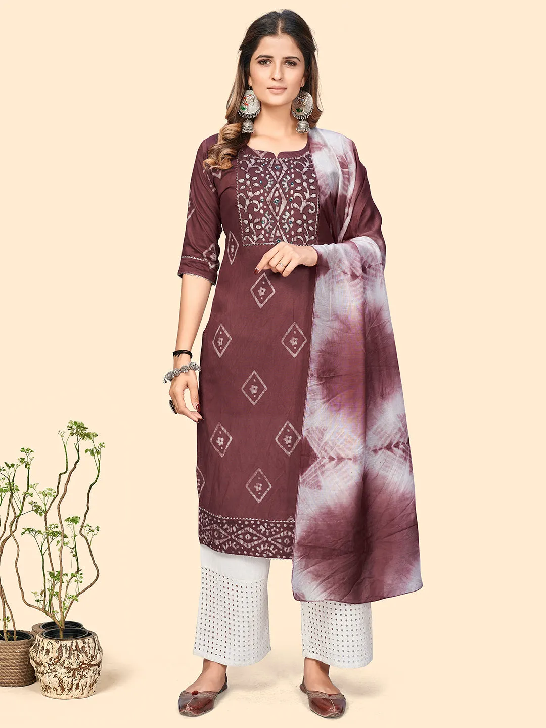 Women'S Batik Print & Mirror Straight Chanderi Pink Stitched Kurta With Dupatta