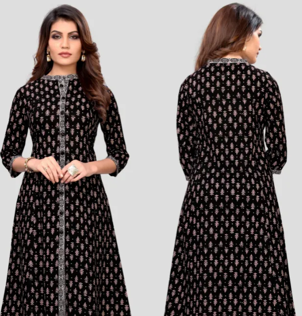 Women'S Black Color Cotton Flared Kurta  (1Pc)