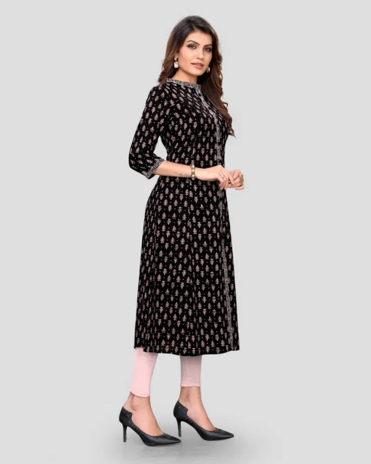 Women'S Black Color Cotton Flared Kurta  (1Pc)