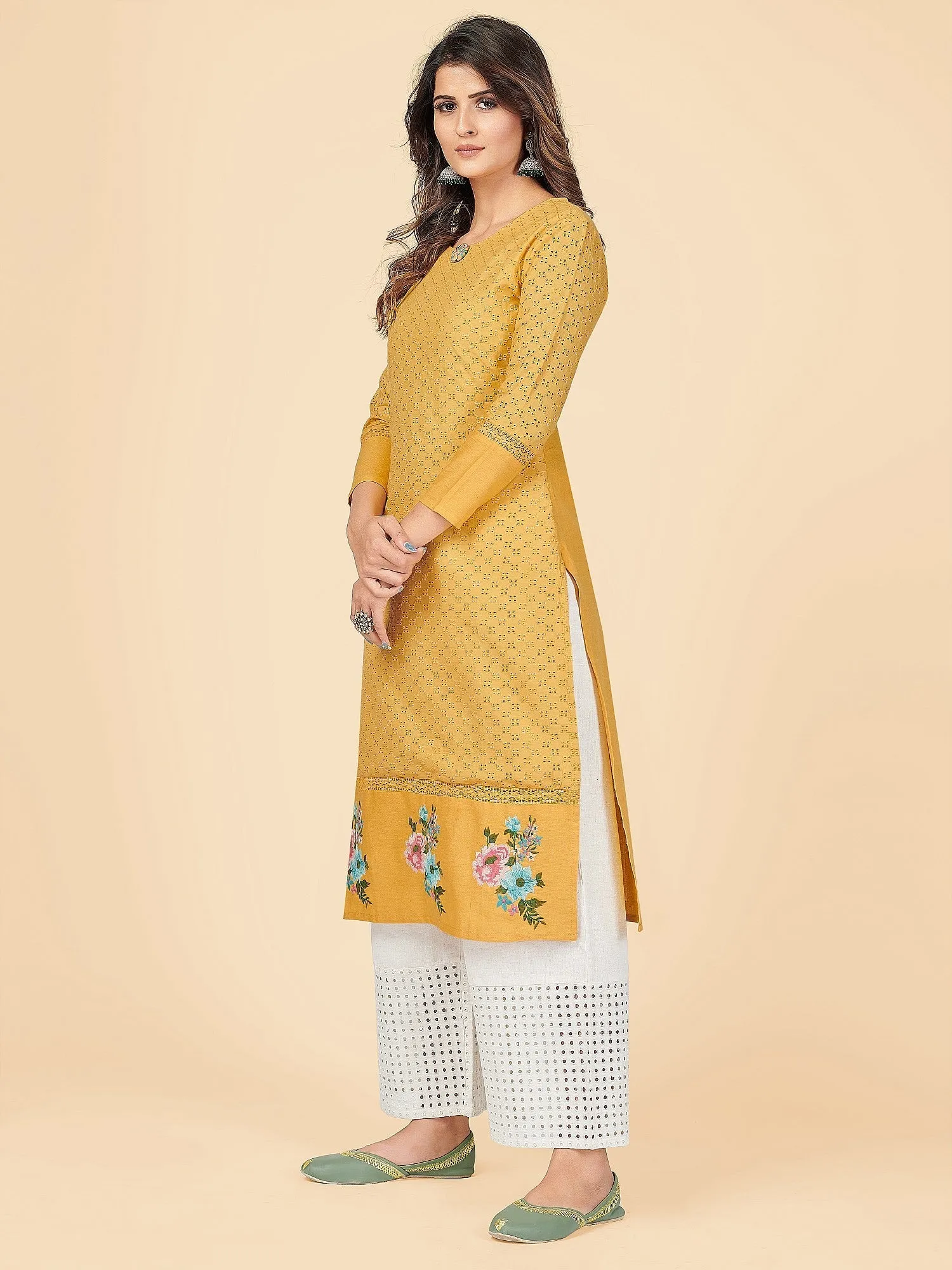 Women'S Chikankari & Embroidered Straight Cotton Yellow Stitched Kurta