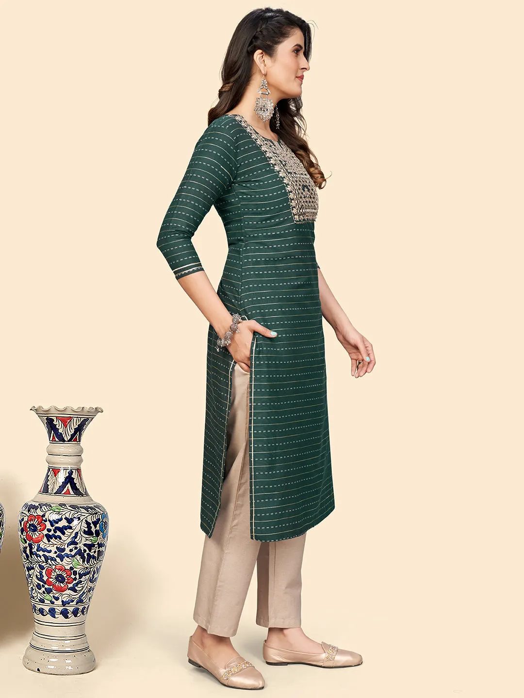 Women'S Embroidered & Mirror Straight Cotton Teal Green Stitched Kurta Pant With Dupatta