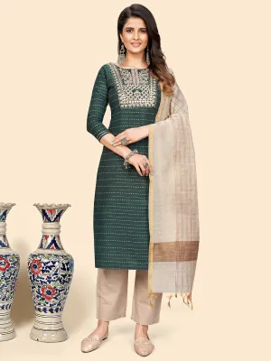 Women'S Embroidered & Mirror Straight Cotton Teal Green Stitched Kurta Pant With Dupatta