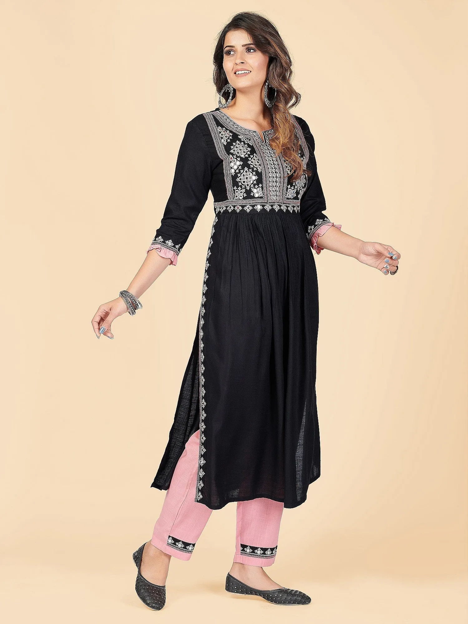 Women'S Embroidered & Mirror Work A-Line With Side Slit Rayon Black Stitched Kurta With Pant