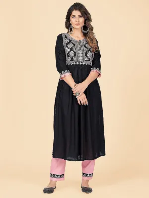 Women'S Embroidered & Mirror Work A-Line With Side Slit Rayon Black Stitched Kurta With Pant