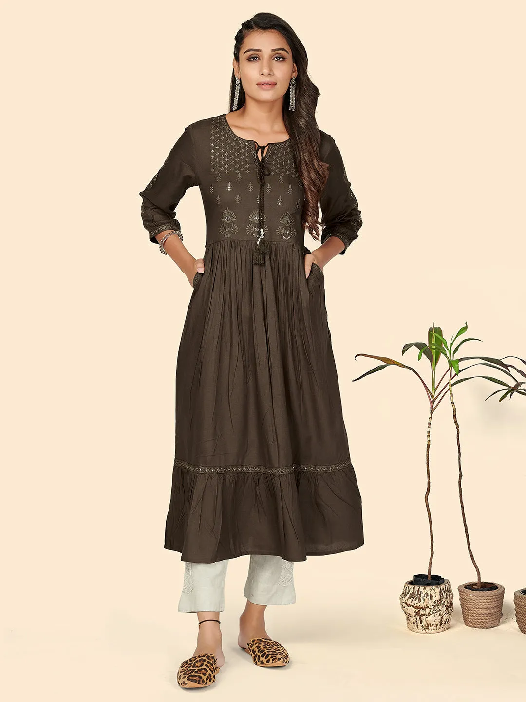 Women'S Embroidered Anarkali Rayon Charcoal Stitched Kurta