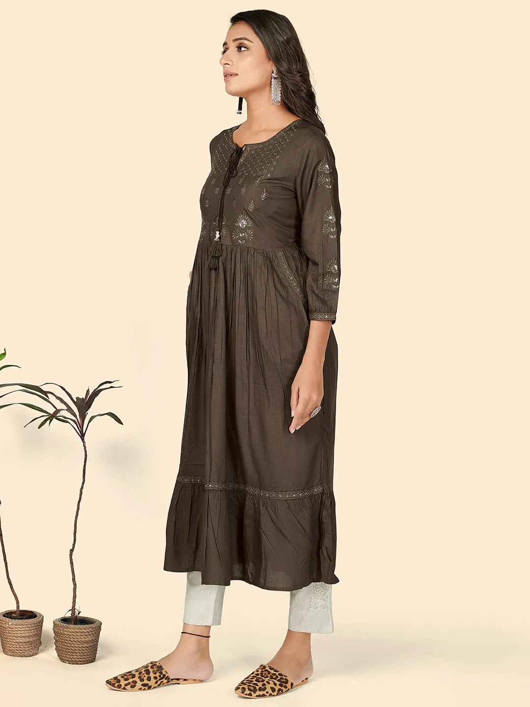 Women'S Embroidered Anarkali Rayon Charcoal Stitched Kurta