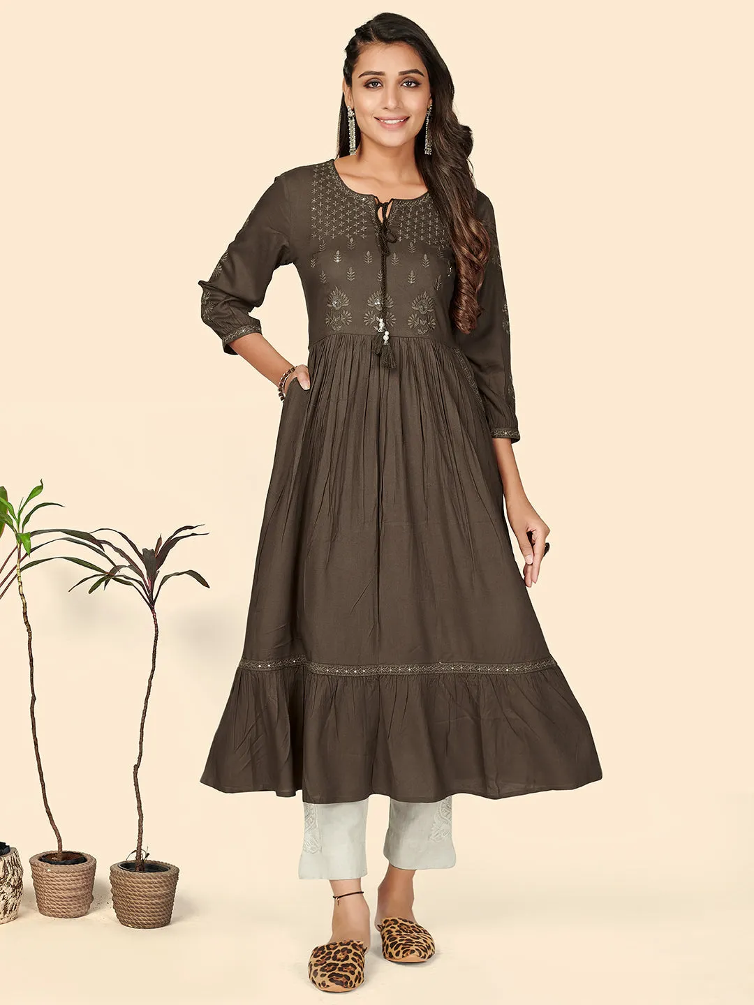 Women'S Embroidered Anarkali Rayon Charcoal Stitched Kurta