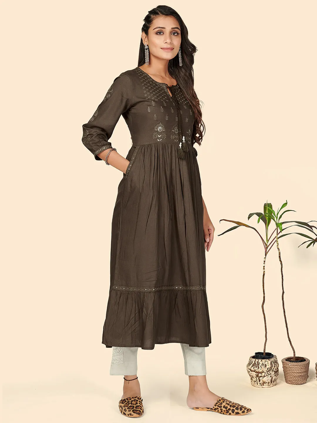 Women'S Embroidered Anarkali Rayon Charcoal Stitched Kurta