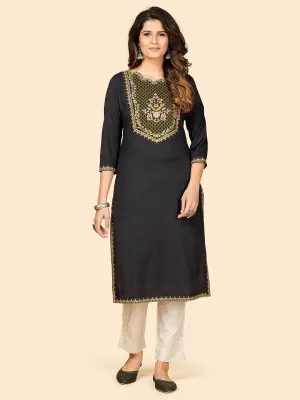 Women'S Embroidered Straight Rayon Dark Grey Stitched Kurta