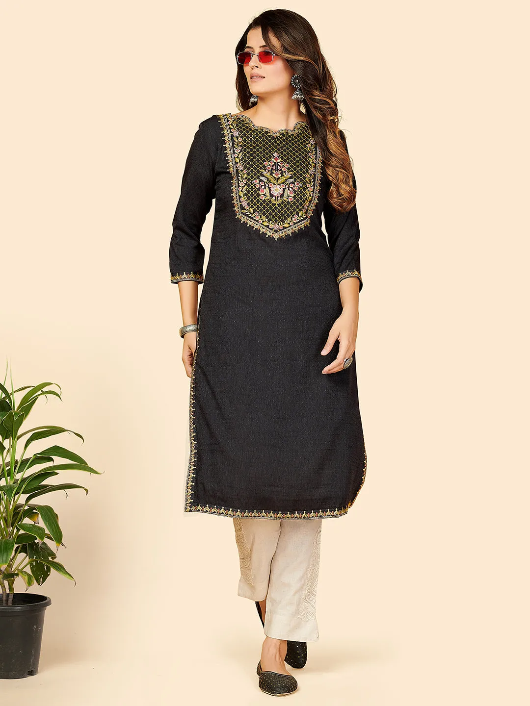 Women'S Embroidered Straight Rayon Dark Grey Stitched Kurta