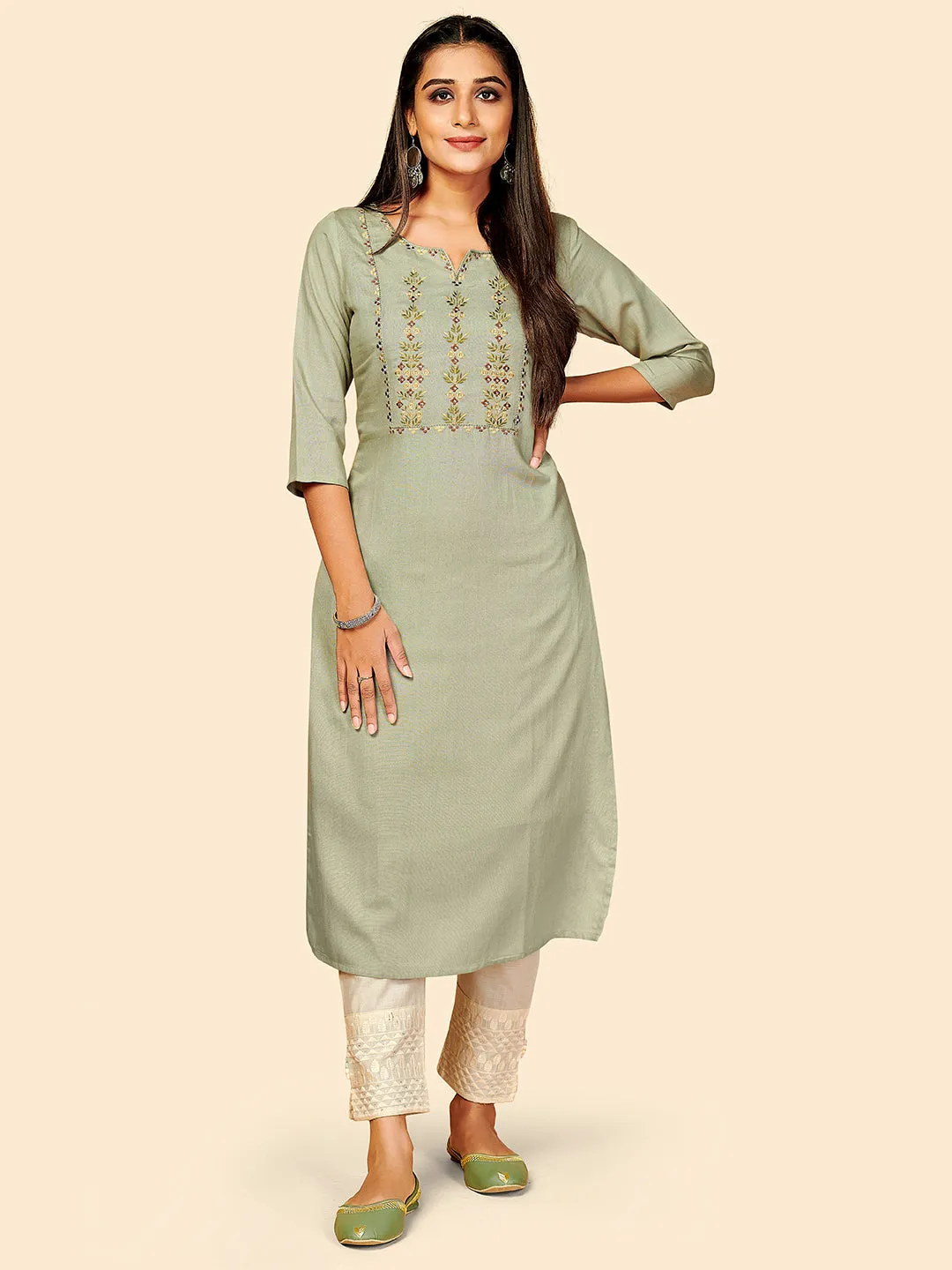 Women'S Embroidered Straight Rayon Olive Green Stitched Kurta