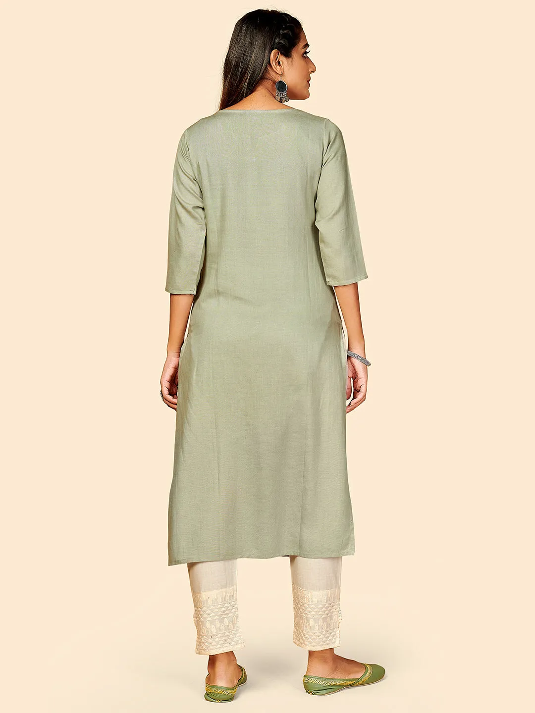 Women'S Embroidered Straight Rayon Olive Green Stitched Kurta