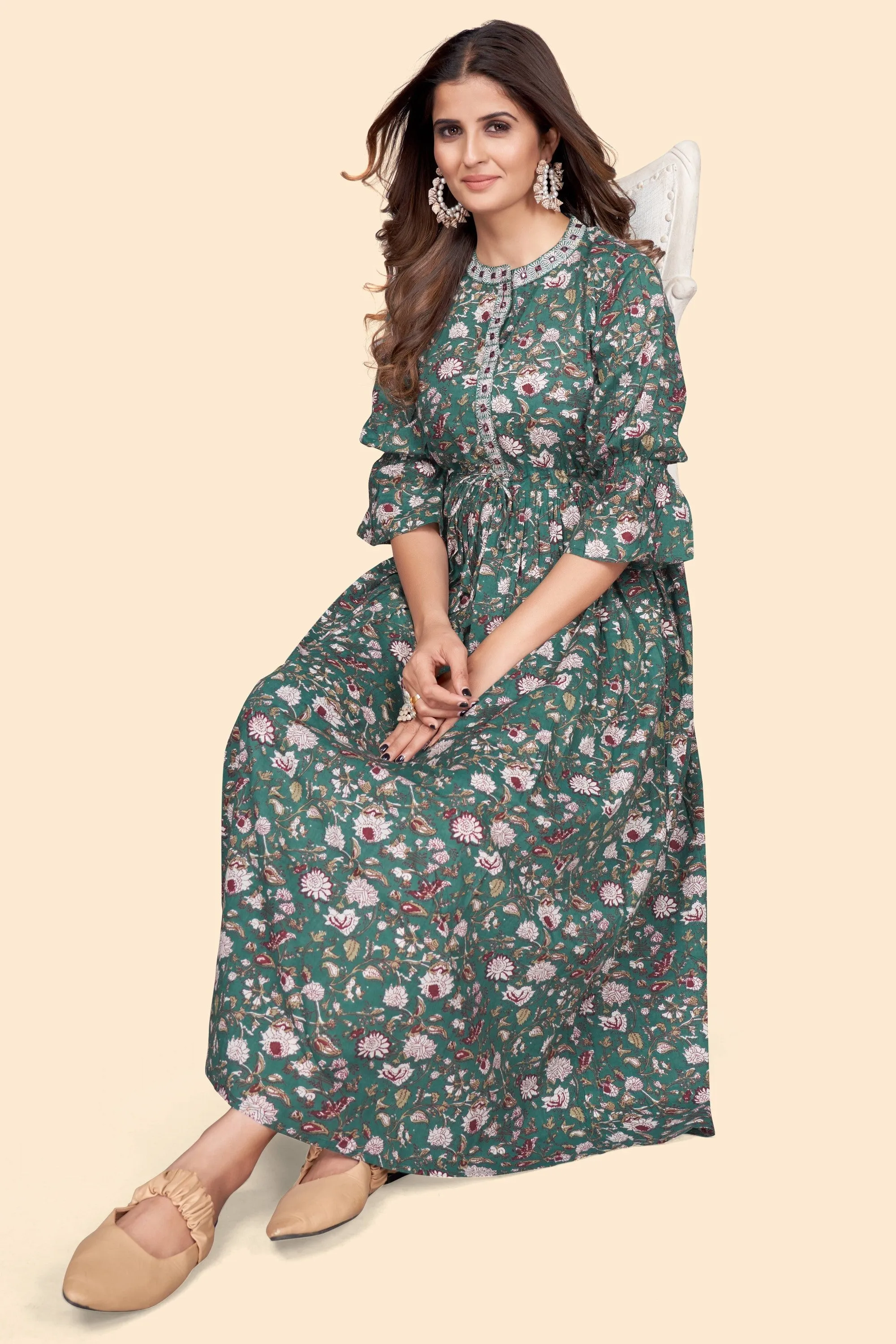 Women'S Floral Print A-Line Cotton Aqua Stitched Kurta