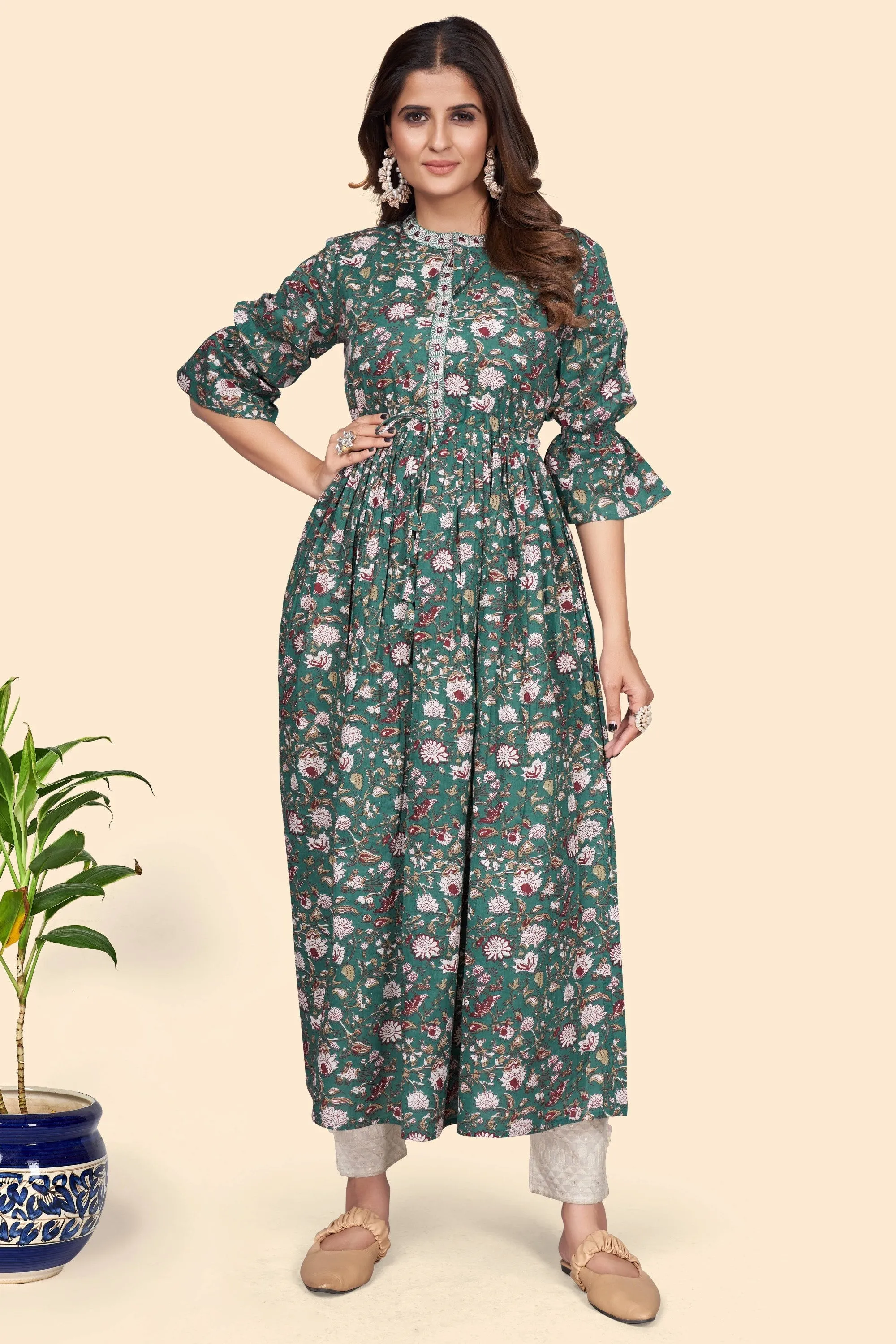 Women'S Floral Print A-Line Cotton Aqua Stitched Kurta